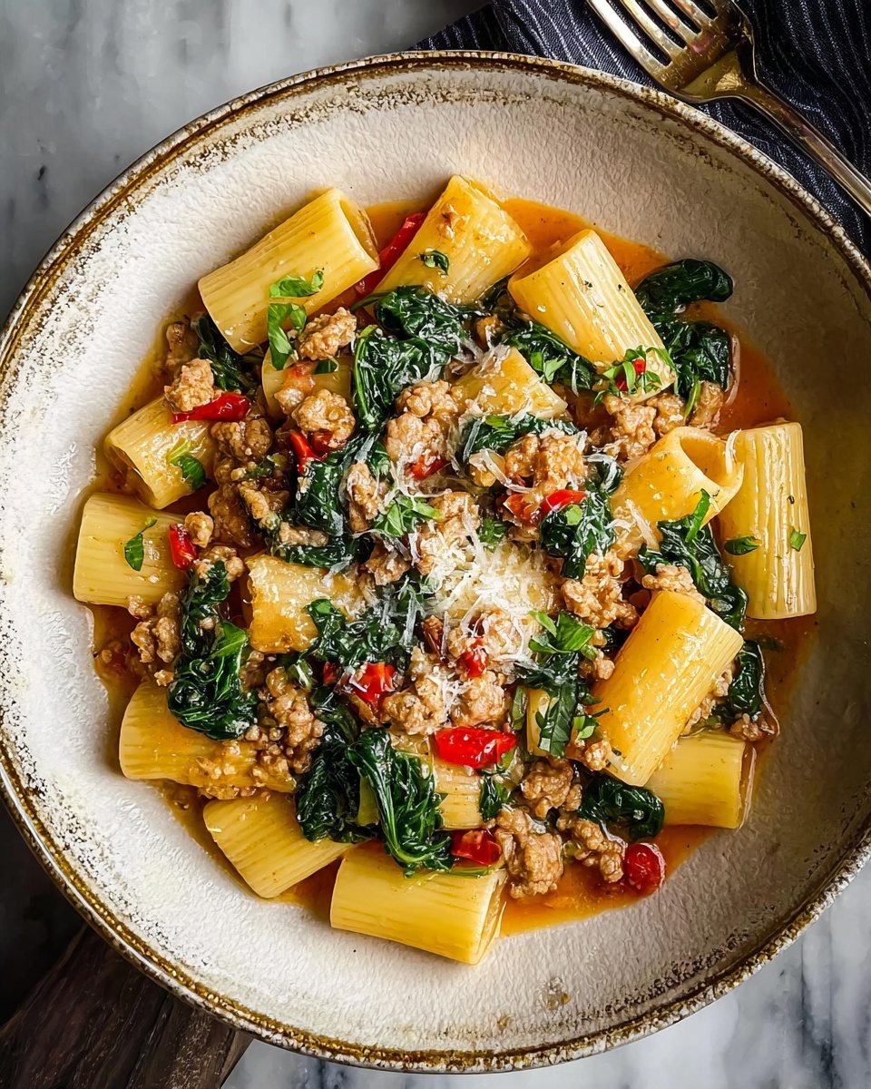 Spicy Paccheri with Sausage & Greens Recipe - Recipe Image