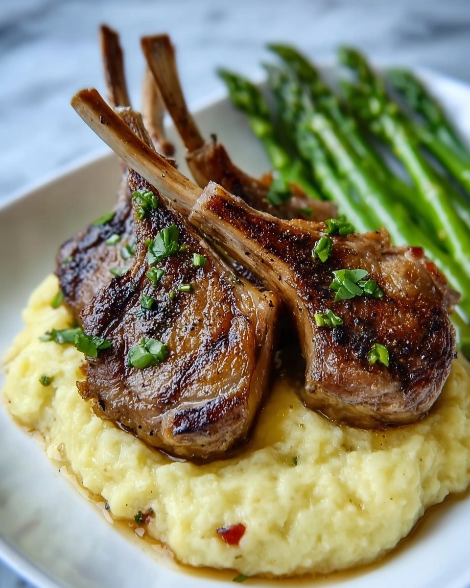 Herb-Crusted Lamb Chops with Mashed Potatoes, Asparagus, and Lobster Topping Recipe - Recipe Image