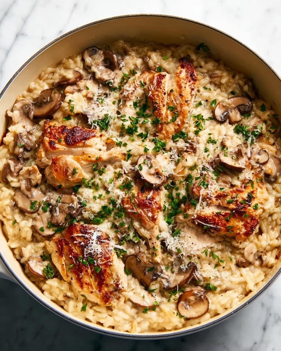 One Pot Creamy Parmesan Chicken with Mushroom Rice Recipe - Recipe Image