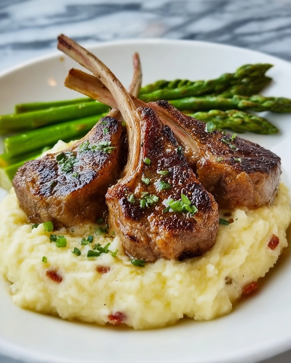 Herb-Crusted Lamb Chops with Mashed Potatoes, Asparagus, and Lobster Topping Recipe - Recipe Image