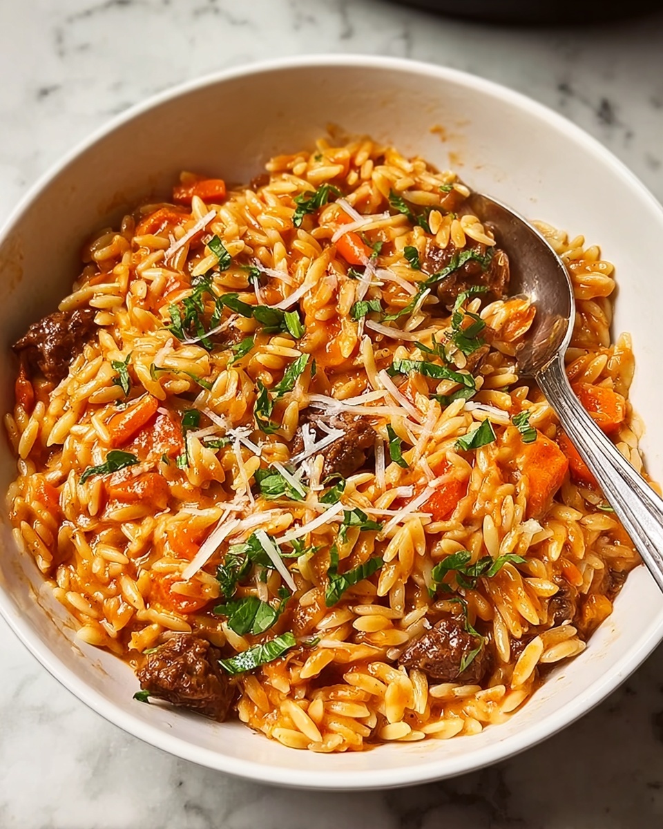 Ground Beef Orzo with Tomato Cream Sauce Recipe - Recipe Image