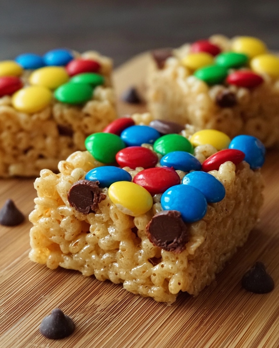 Peanut Butter Rice Krispie Treats with M&M's and Chocolate Chips Recipe - Recipe Image