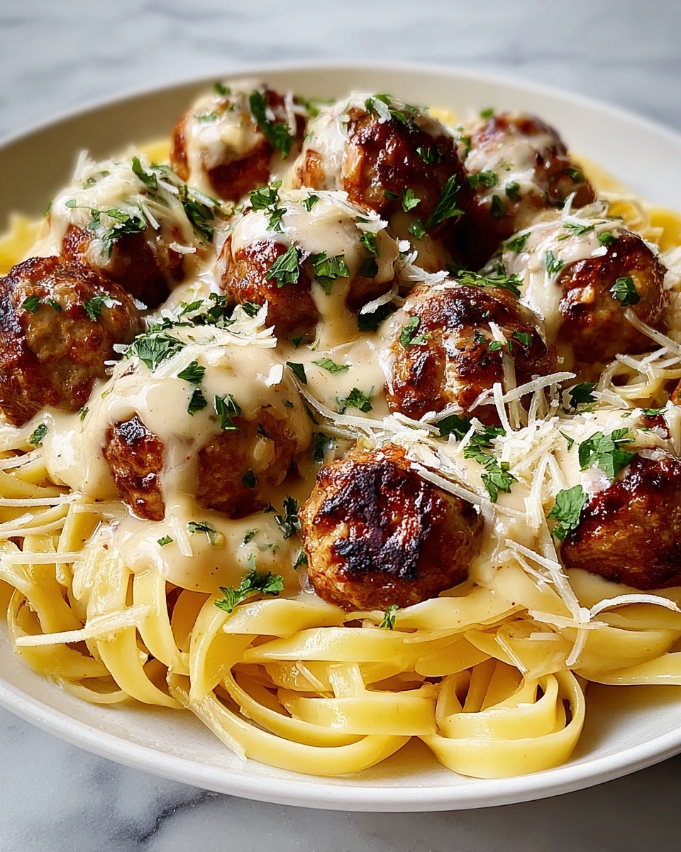 Easy Garlic Butter Meatballs Served Over Creamy Parmesan Linguine Recipe - Recipe Image