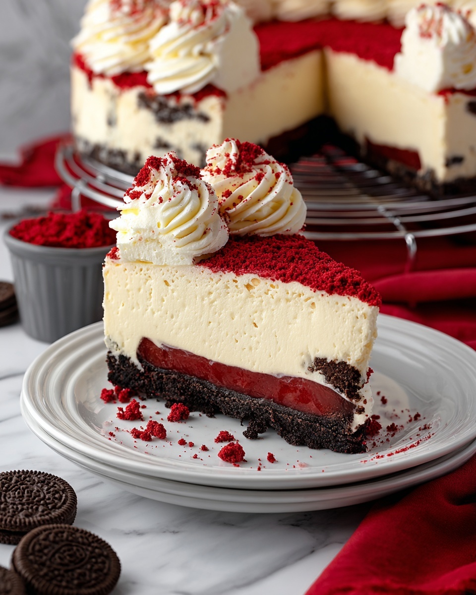 Red Velvet Cheesecake with Cookie Crust and Cream Cheese Frosting Recipe - Recipe Image