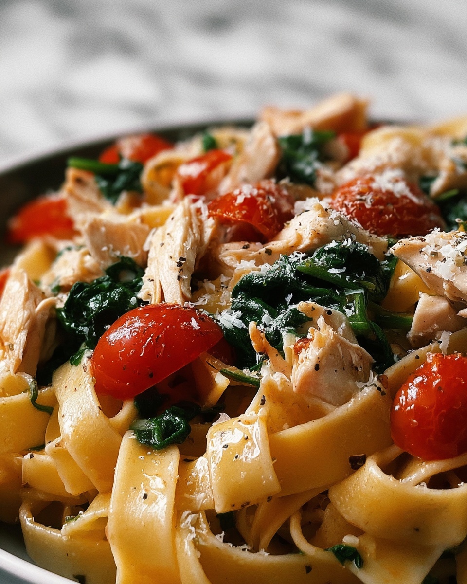 Creamy Garlic Tomato Chicken and Spinach Fettuccine Recipe - Recipe Image