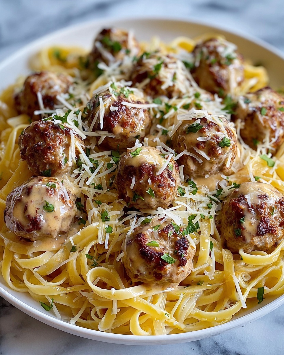 Easy Garlic Butter Meatballs Served Over Creamy Parmesan Linguine Recipe - Recipe Image