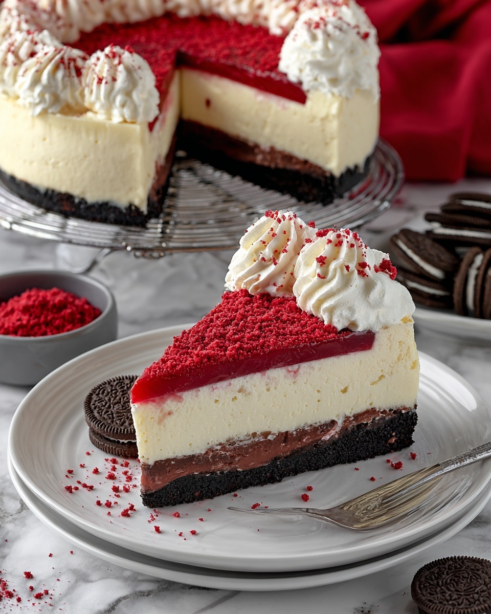 Red Velvet Cheesecake with Cookie Crust and Cream Cheese Frosting Recipe - Recipe Image