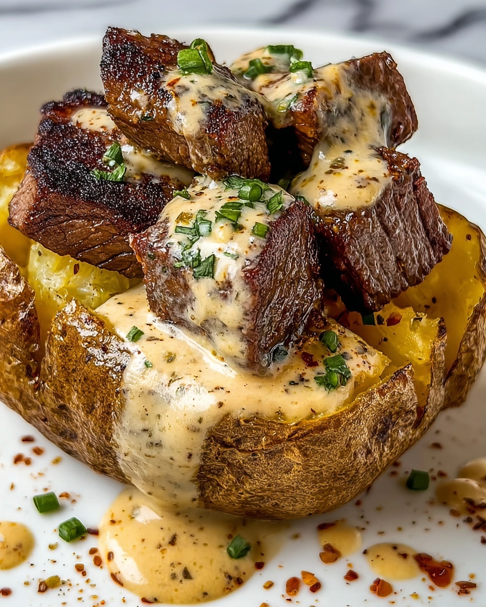 Loaded Baked Potato with Steak Bites and Parmesan Cream Sauce Recipe - Recipe Image