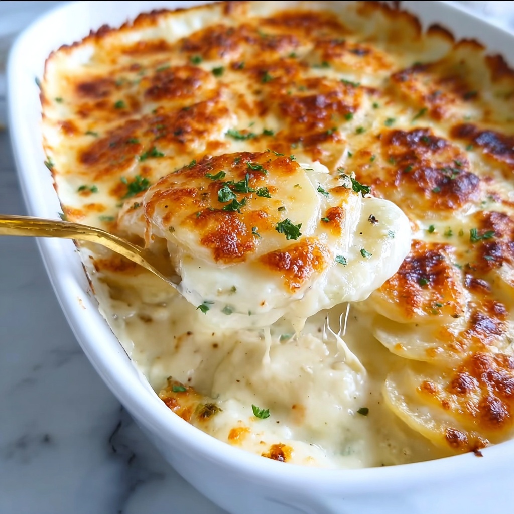 Cheesy Scalloped Potatoes with Caramelized Onion and Cheddar Recipe - Recipe Image