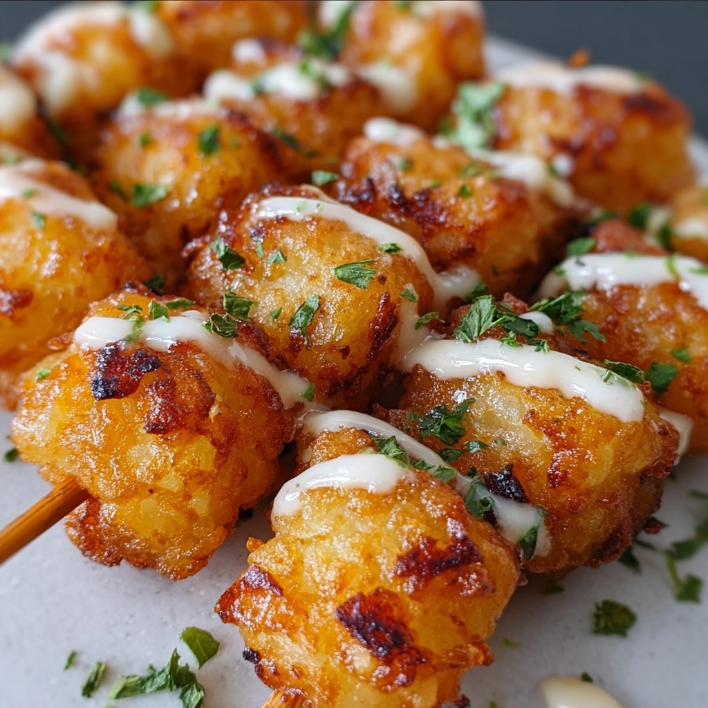 Loaded Tater Tot Skewers with Cheddar, Bacon, and Green Onions Recipe - Recipe Image