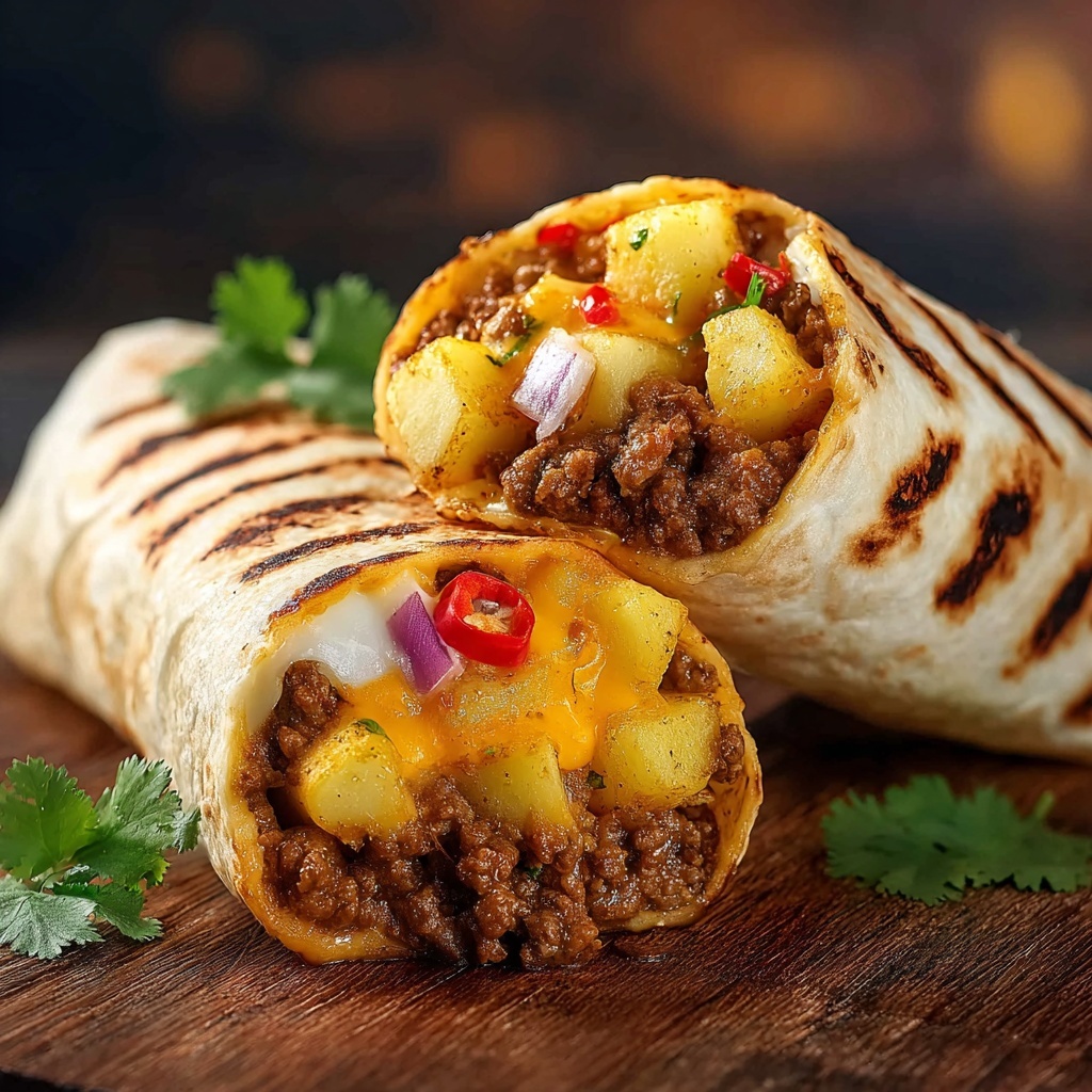 Cheesy Potato Beef Burritos Recipe - Recipe Image