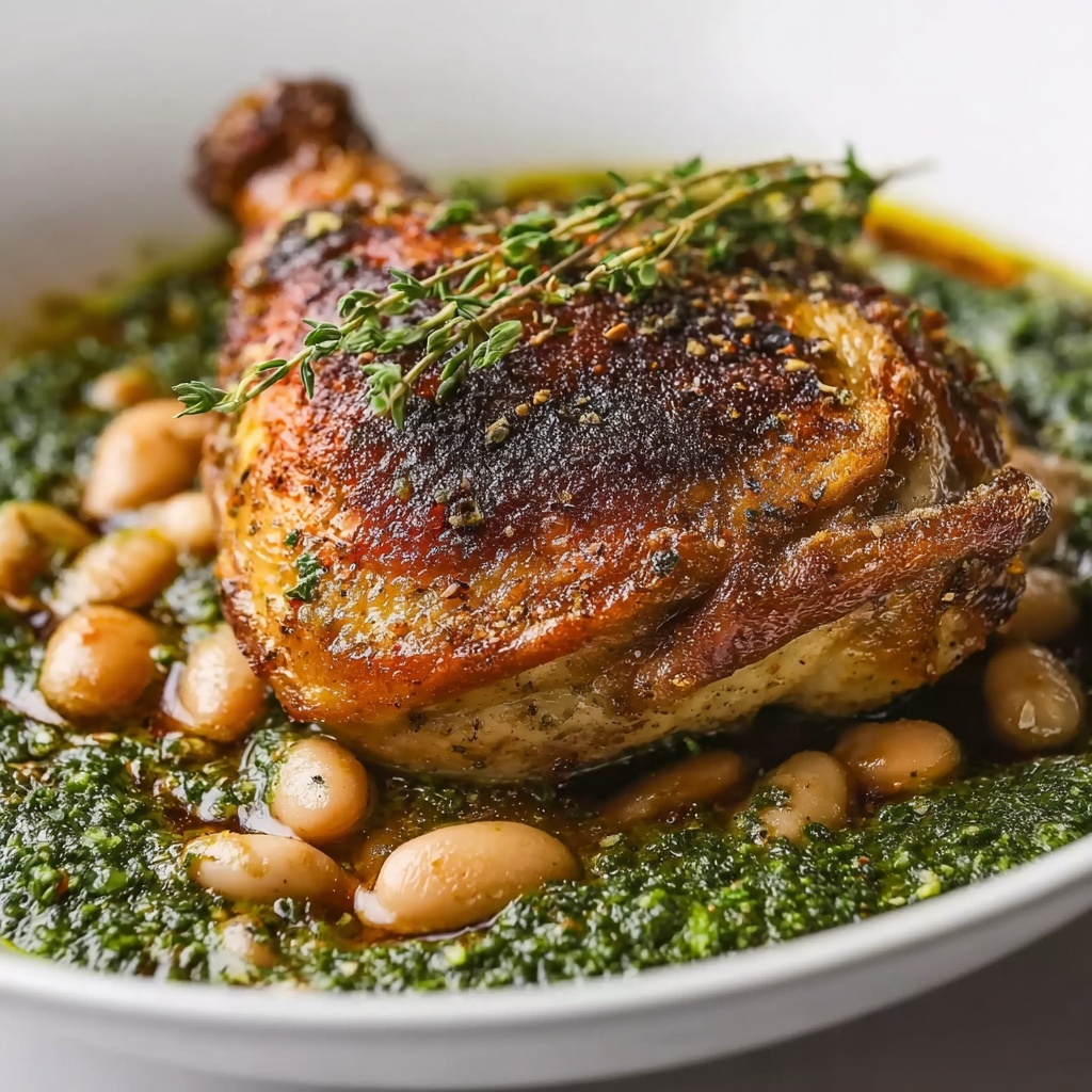 One-Pan Crispy Chicken with Cannellini Beans and Pistachio Pesto Recipe - Recipe Image