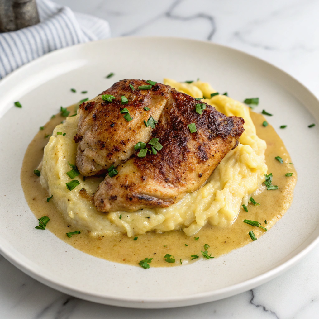 Vinegar-Braised Chicken with Herby Polenta Recipe - Recipe Image
