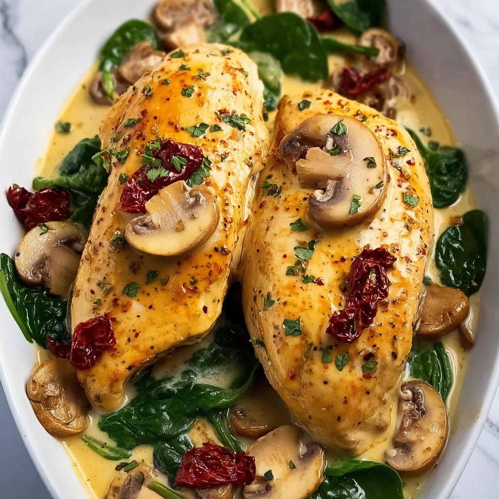 Tuscan Chicken with Mushrooms, Sun-Dried Tomatoes, and Spinach Recipe - Recipe Image