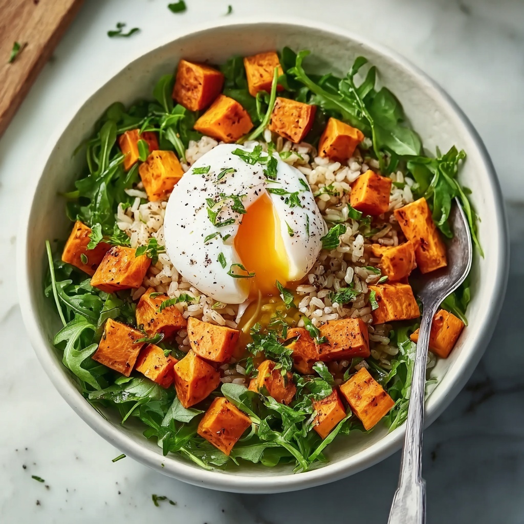 Rice Bowl with Roasted Sweet Potatoes, Green Curry, Arugula, and Poached Egg Recipe - Recipe Image