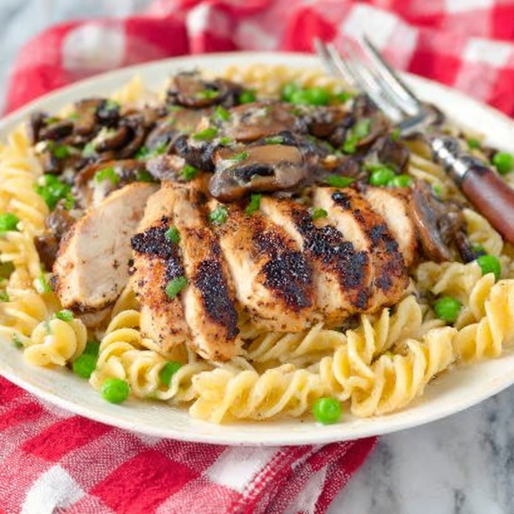 Chicken Besto Fettuccine with Balsamic Basil Sauce and Mushroom-Pea Cream Recipe - Recipe Image