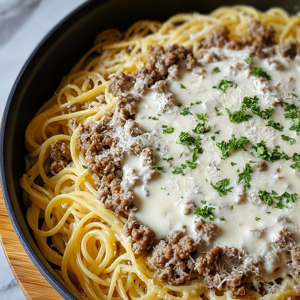 Cheesy Garlic Butter Linguine with Savory Ground Beef Recipe - Recipe Image