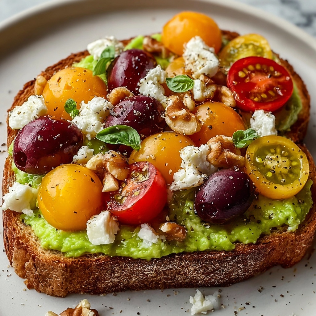 Avocado Toast with Feta, Cherry Tomatoes, Cranberries, and Walnuts Recipe - Recipe Image