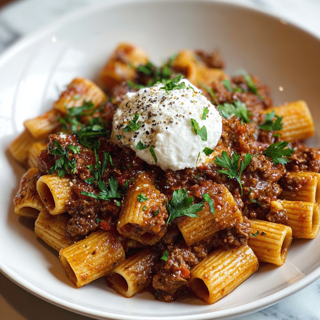 Grandma’s Meat Sauce Pasta with Burrata Recipe - Recipe Image