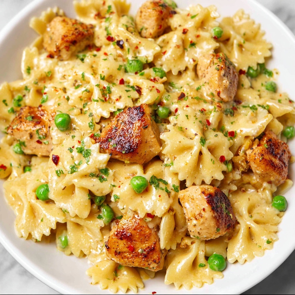 Creamy Chicken and Bowtie Pasta with Garlic and Peas Recipe - Recipe Image