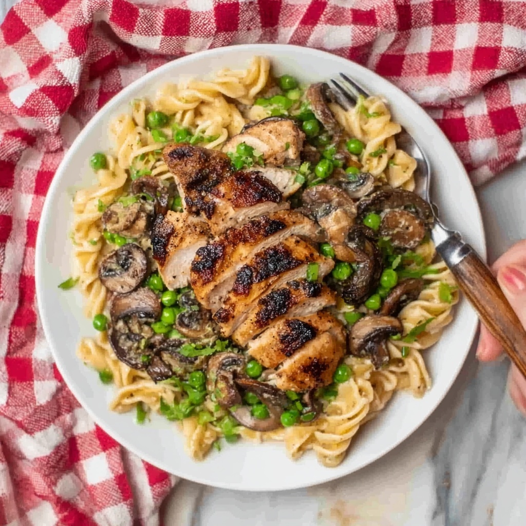 Chicken Besto Fettuccine with Balsamic Basil Sauce and Mushroom-Pea Cream Recipe - Recipe Image
