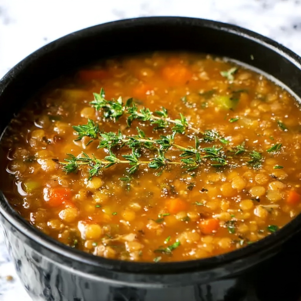 French Lentil Soup with Roasted Red Peppers and Herb-Infused Chicken Recipe - Recipe Image