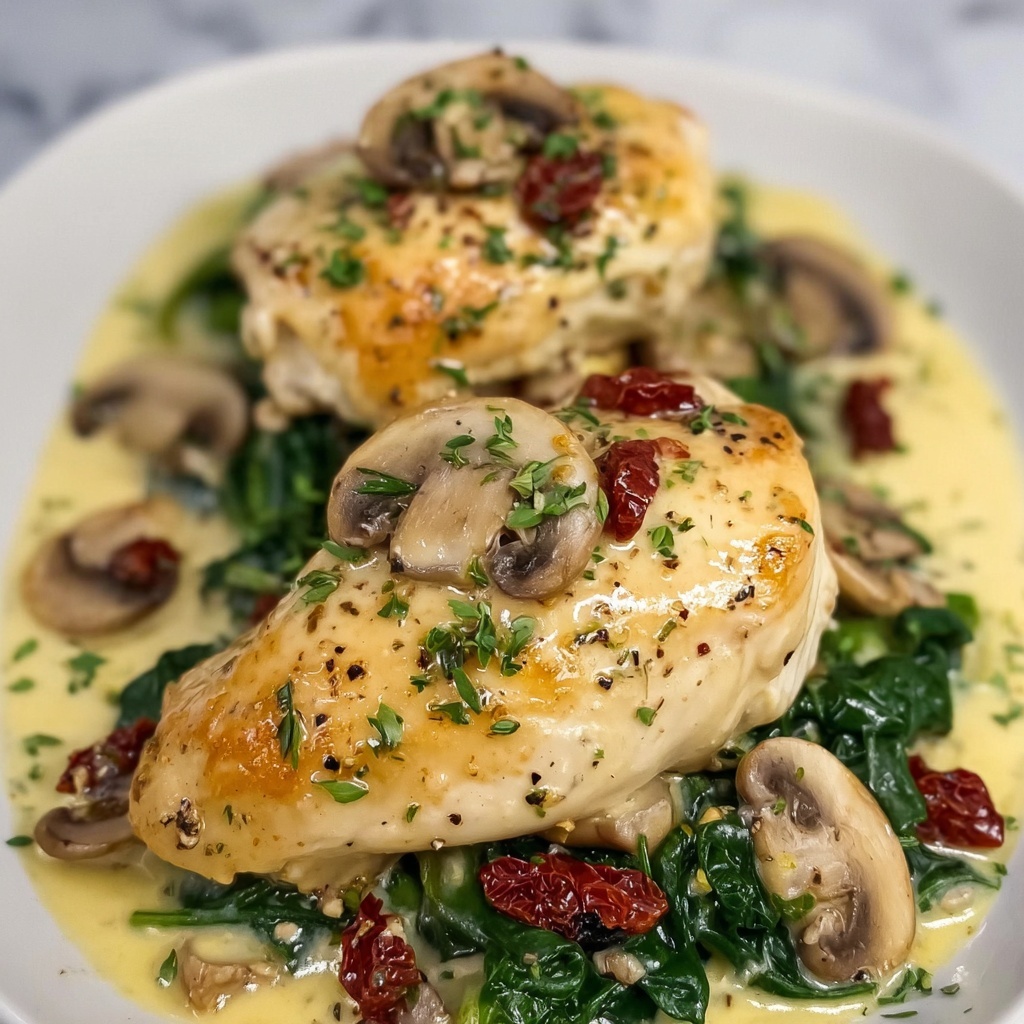 Tuscan Chicken with Mushrooms, Sun-Dried Tomatoes, and Spinach Recipe - Recipe Image