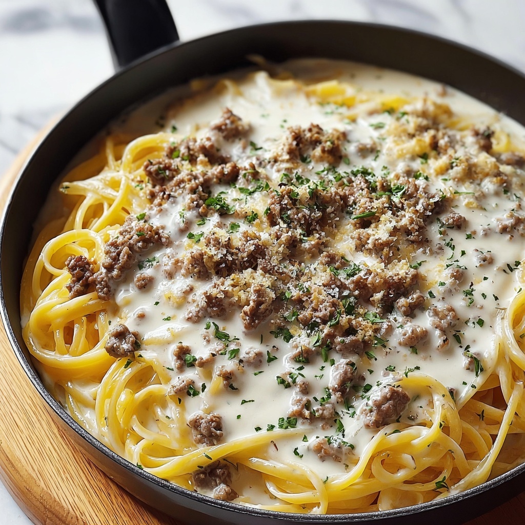 Cheesy Garlic Butter Linguine with Savory Ground Beef Recipe - Recipe Image