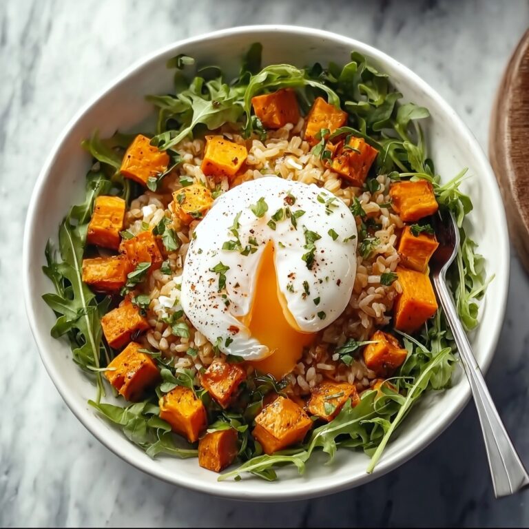 Rice Bowl with Roasted Sweet Potatoes, Green Curry, Arugula, and Poached Egg Recipe