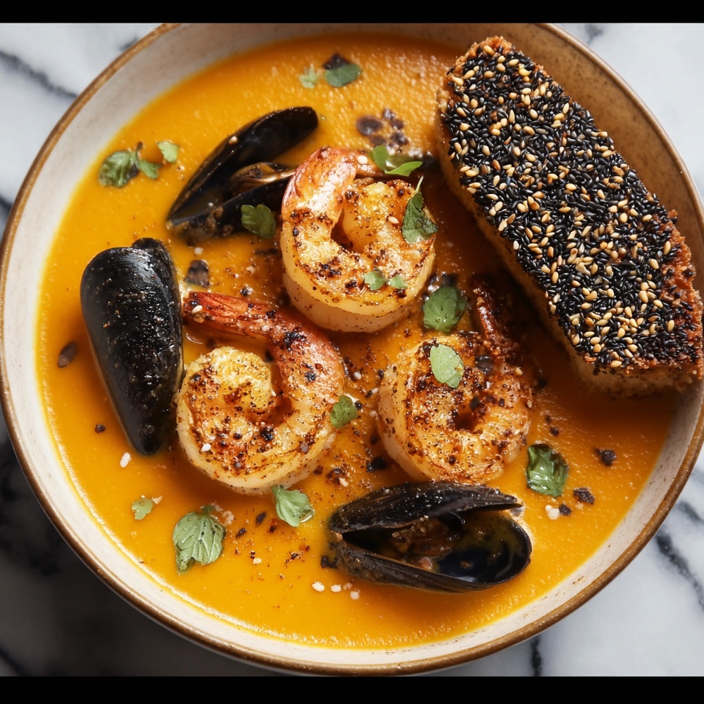 Spiced Seafood Bisque With Sesame Prawn Croutons Recipe - Recipe Image