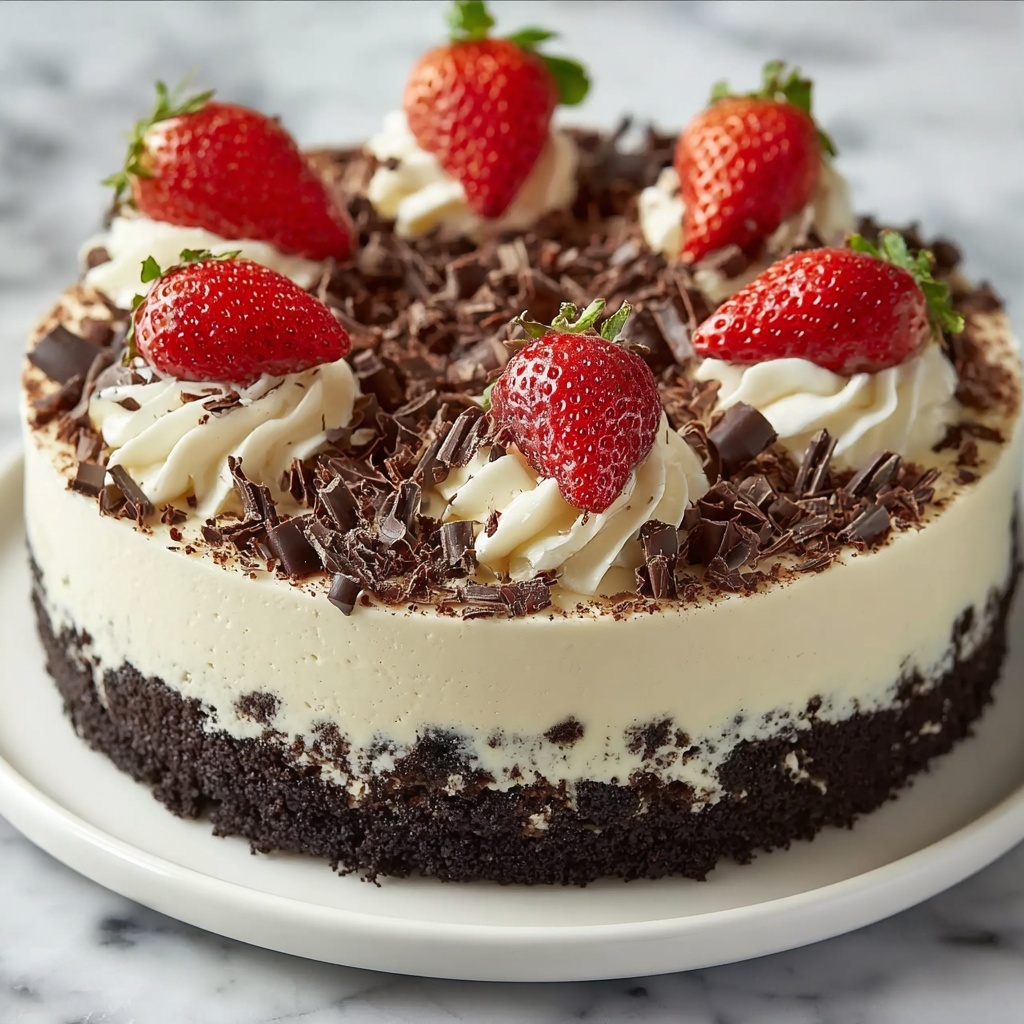 Vanilla Cheesecake with Chocolate Crust and Fresh Strawberry Garnish Recipe - Recipe Image