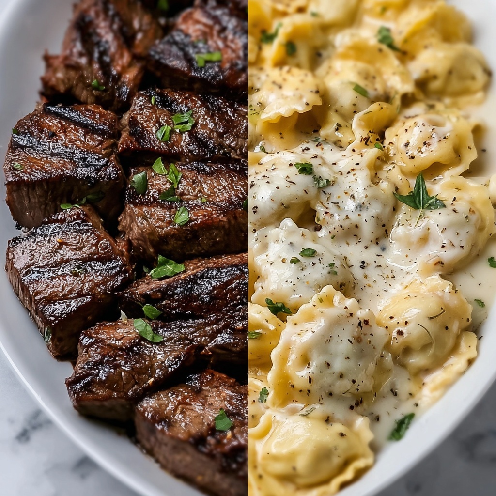 Garlic Butter Steak Bites with Creamy Alfredo Tortellini Recipe - Recipe Image