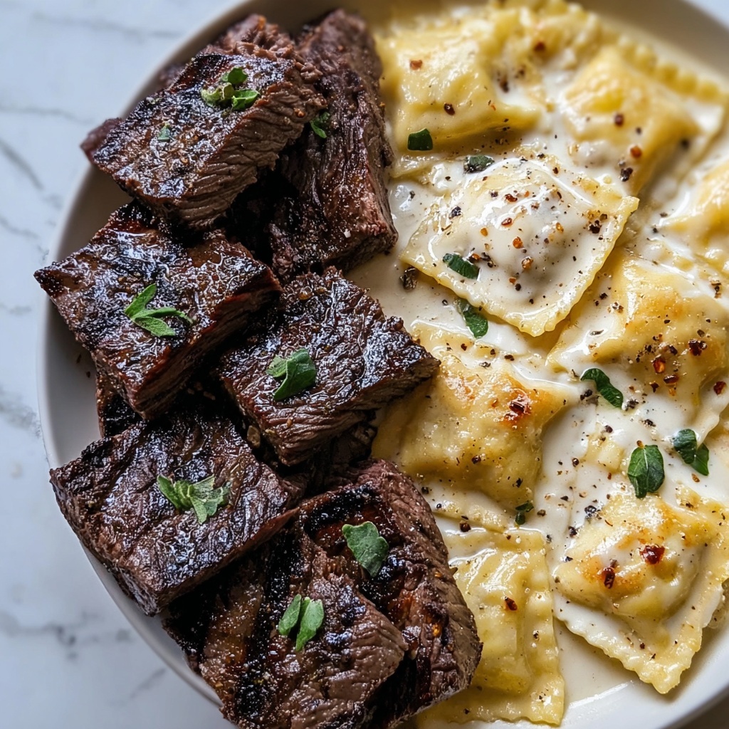 Garlic Butter Steak Bites with Creamy Alfredo Tortellini Recipe - Recipe Image