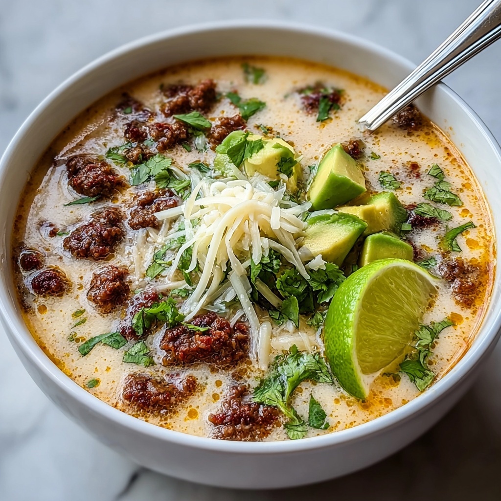 Keto Taco Soup with Beef, Cheese, and Avocado Recipe - Recipe Image