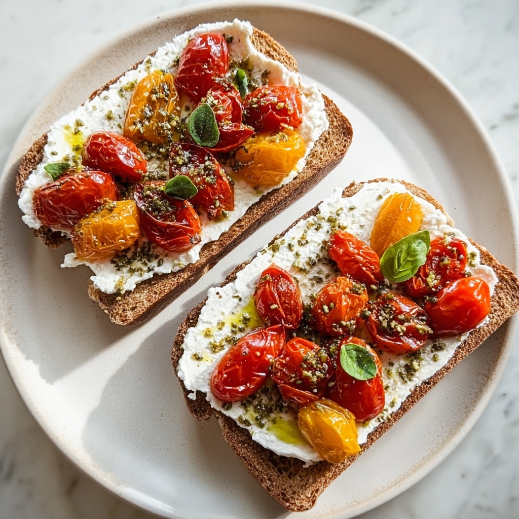 Baked Feta Toast with Cherry Tomatoes and Fresh Basil Recipe - Recipe Image