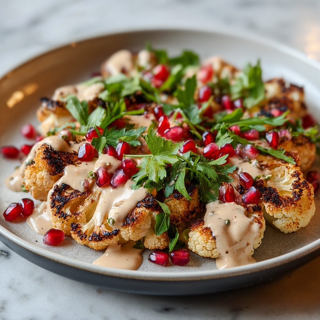 Roasted Cauliflower with Garlic Tahini Sauce and Pomegranate Recipe - Recipe Image