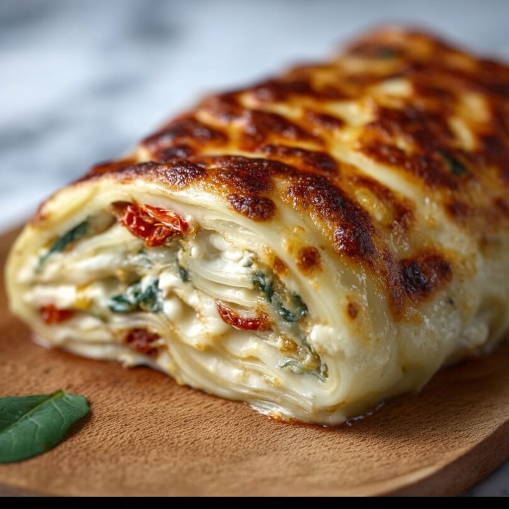 Scalloped Potato Roll with Ground Beef, Spinach, and Cheese Recipe - Recipe Image