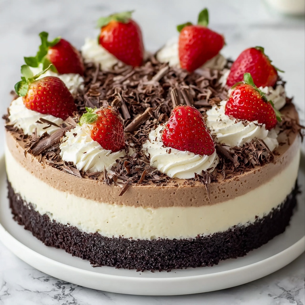 Vanilla Cheesecake with Chocolate Crust and Fresh Strawberry Garnish Recipe - Recipe Image
