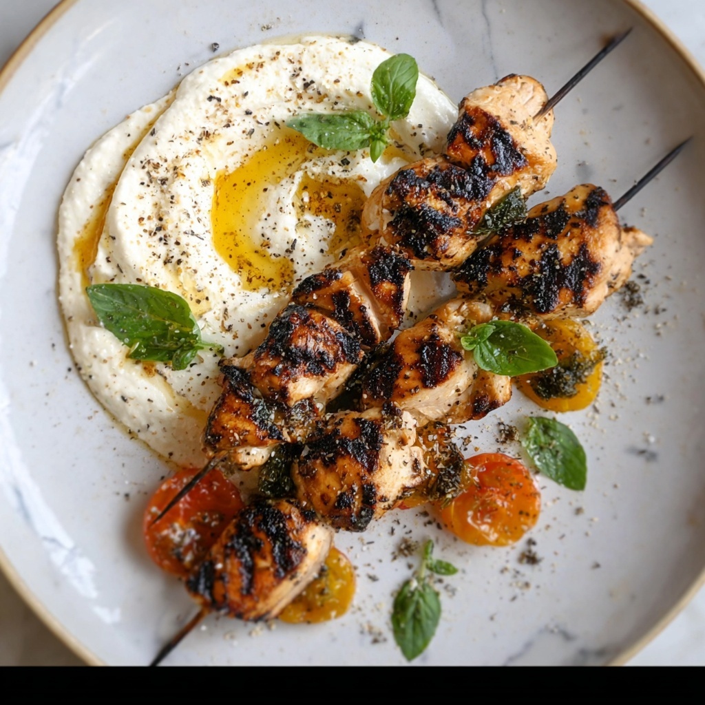 Basil and Garlic Grilled Chicken Skewers with Garlicky Whipped Ricotta Recipe - Recipe Image