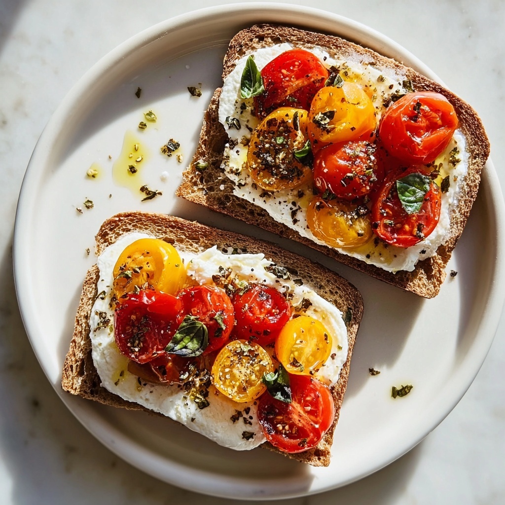Baked Feta Toast with Cherry Tomatoes and Fresh Basil Recipe - Recipe Image