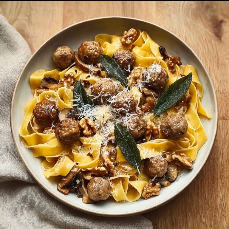 Winter Pasta with Mushrooms, Sausage Meatballs, Walnuts & Crispy Sage Recipe