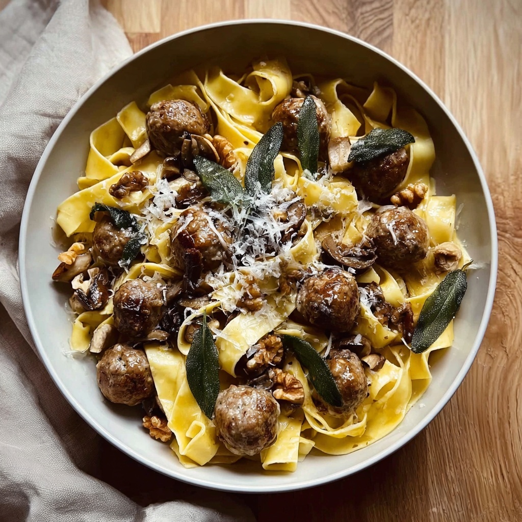 Winter Pasta with Mushrooms, Sausage Meatballs, Walnuts & Crispy Sage Recipe - Recipe Image