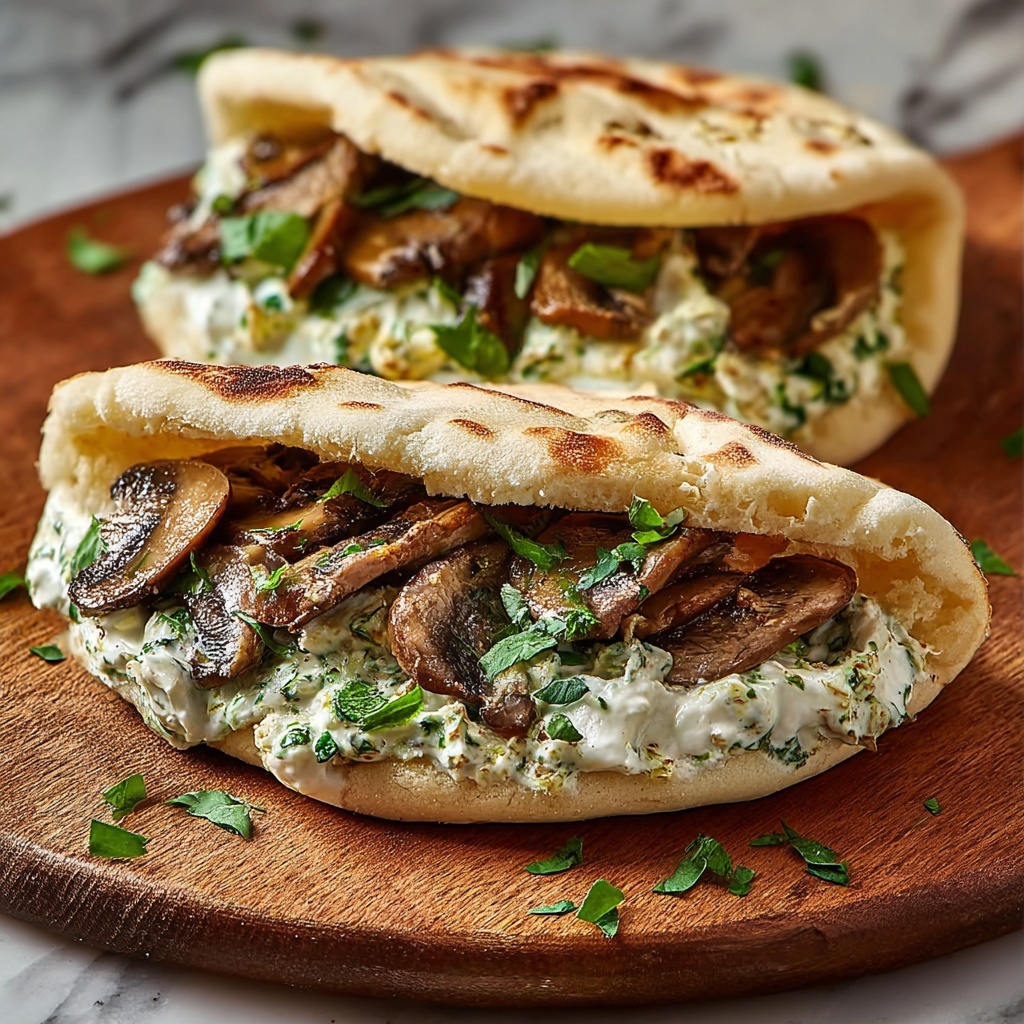 Cheesy Beef and Mushroom Pita Pockets with Tzatziki Sauce Recipe - Recipe Image