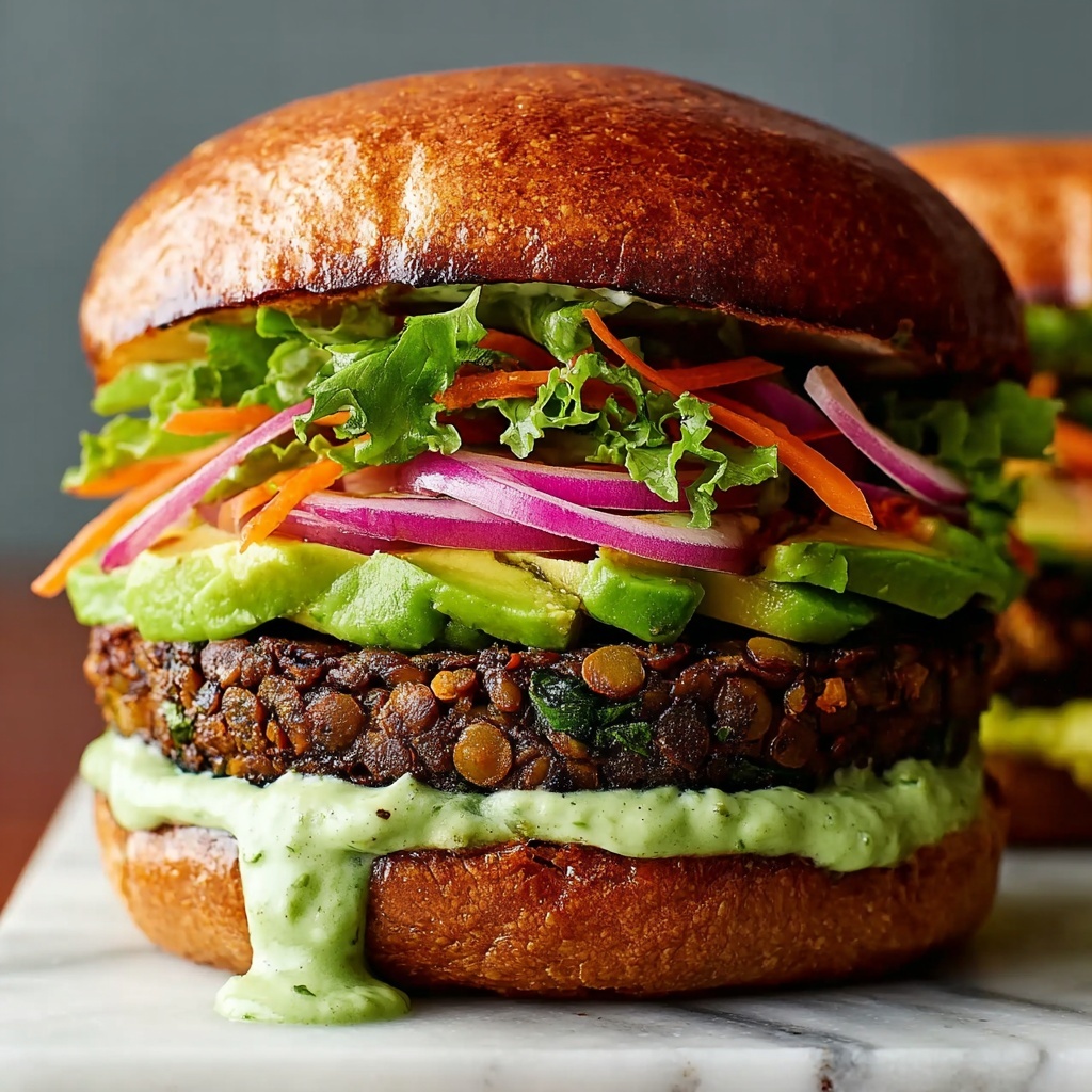 Lentil-Chickpea Veggie Burgers with Avocado Green Harissa Recipe - Recipe Image