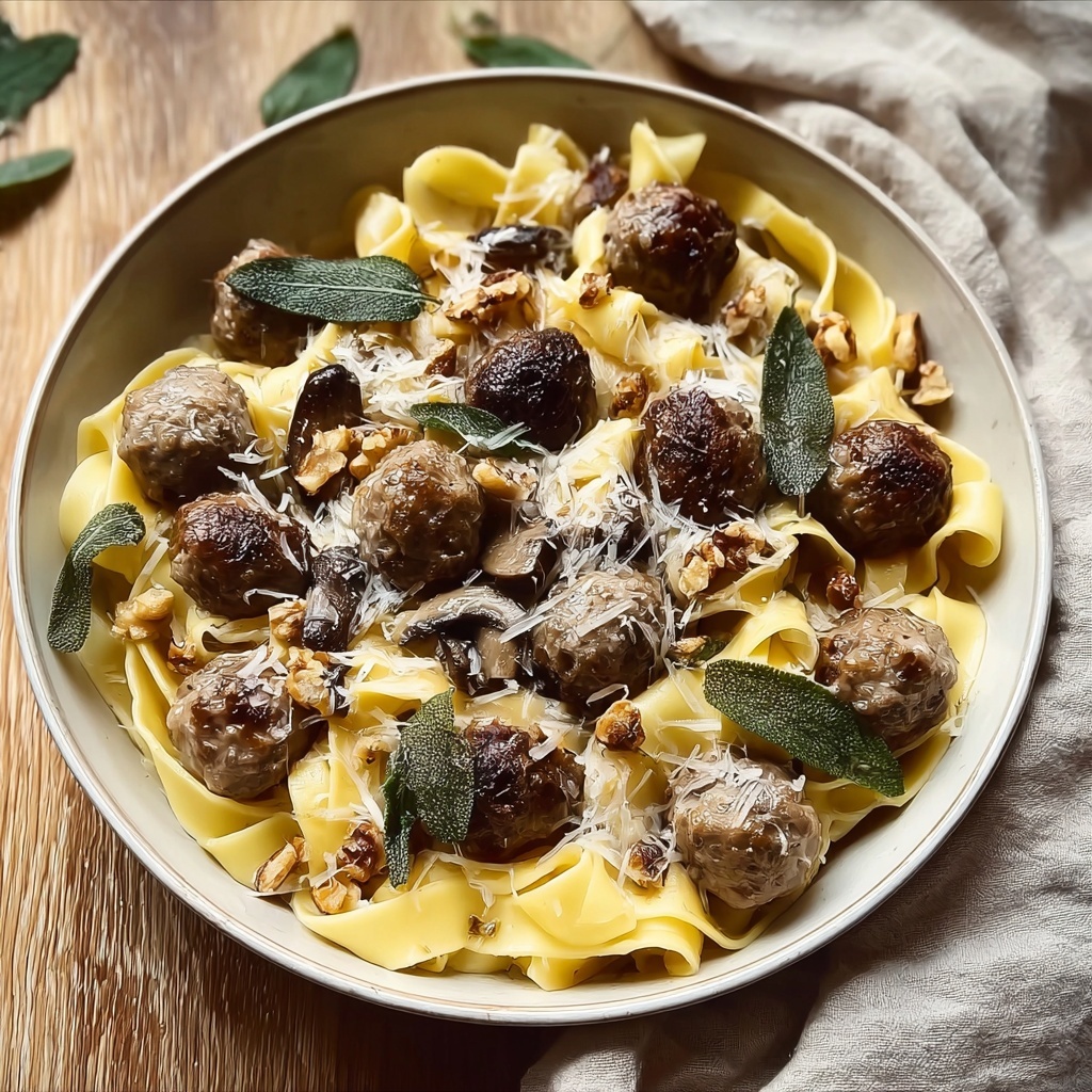 Winter Pasta with Mushrooms, Sausage Meatballs, Walnuts & Crispy Sage Recipe - Recipe Image