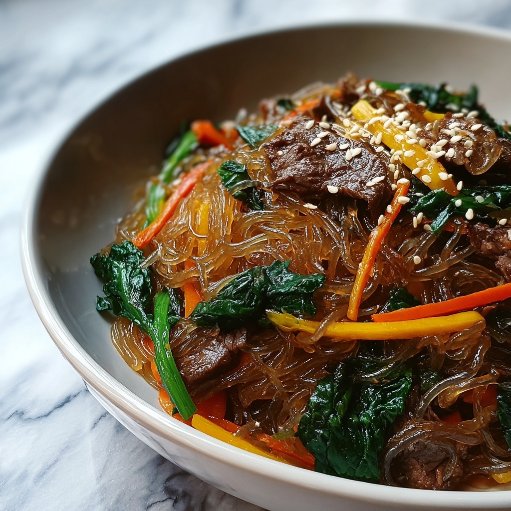 Sweet Potato Noodles with Stir-Fried Beef and Vegetables (Japchae) Recipe - Recipe Image