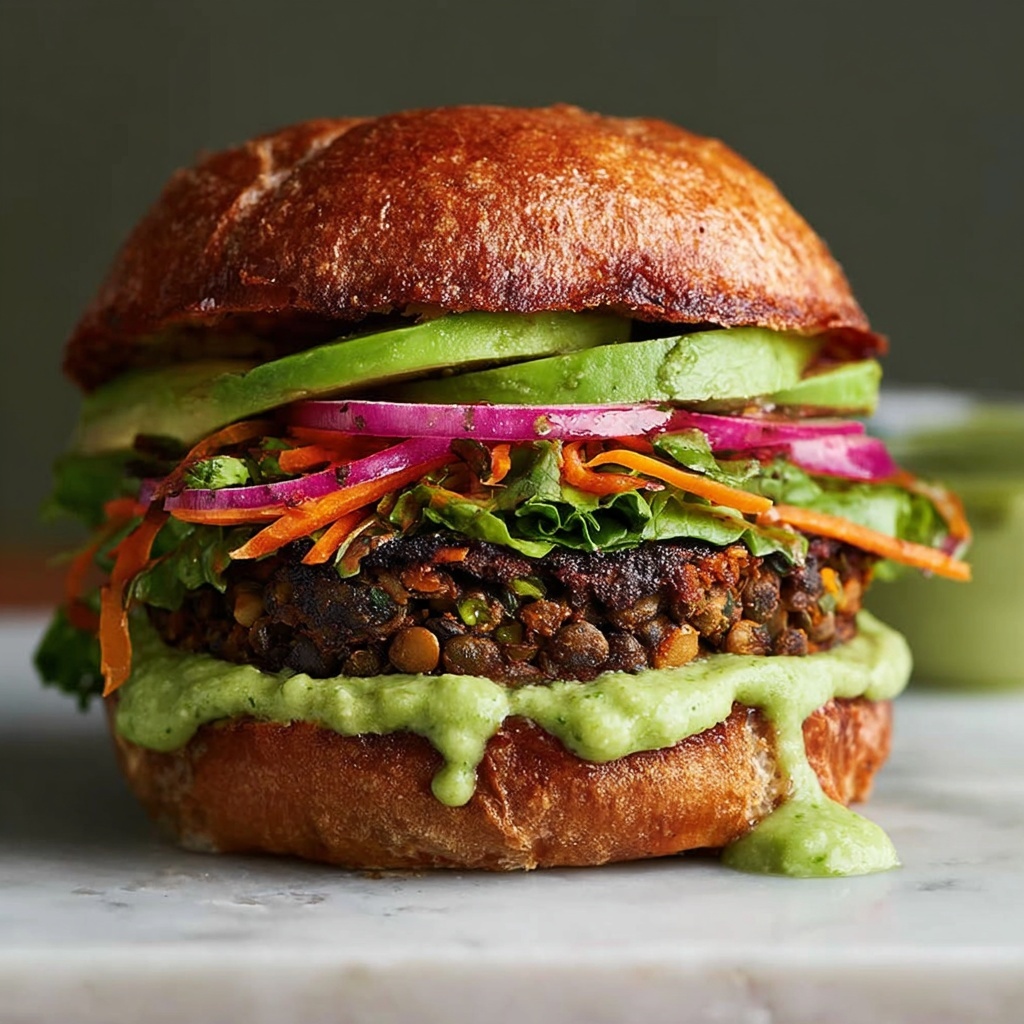 Lentil-Chickpea Veggie Burgers with Avocado Green Harissa Recipe - Recipe Image