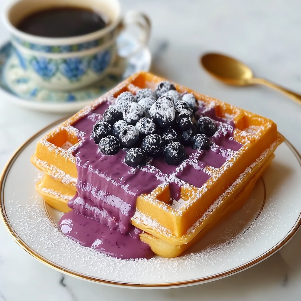 Delicious Ube Waffles with Macapuno Syrup Recipe - Recipe Image